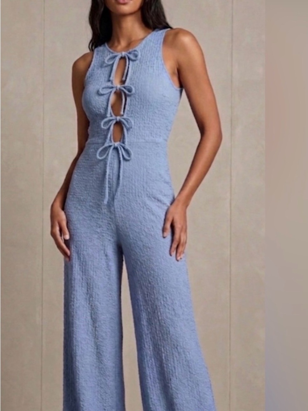 NwOT Anthropologie - See You Monday Light Blue Tie-Front Textured Jumpsuit
